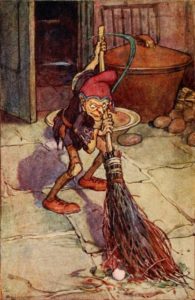 Illustration of a brownie sweeping with a handmade broom by Arthur Rackham