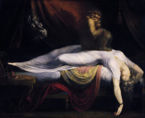painting of a woman appearing dead with a gremlin looking creature sat on top of her