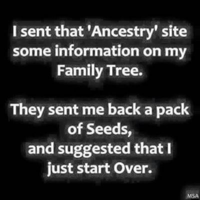 A joke which says "I sent that 'Ancestry' site some information on my family tree. They sent me back a pack of seeds, and suggested that I just start over"