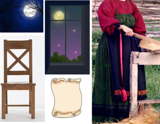 collage of images including the moon, a wooden chair, a piece of parchment, and a woman chopping hay