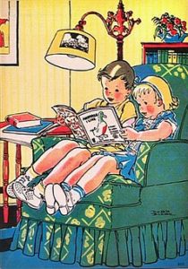 cartoon of two children reading in an armchair