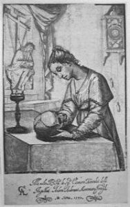 Black and white painting of a women doing pottery