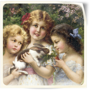 An image of three Victorian children holding a rabbit