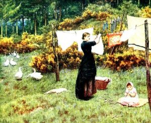 painting of a mother putting washing on the washing line will a baby is sat in the grass