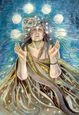 mystical woman painting with lots of moons and an owl