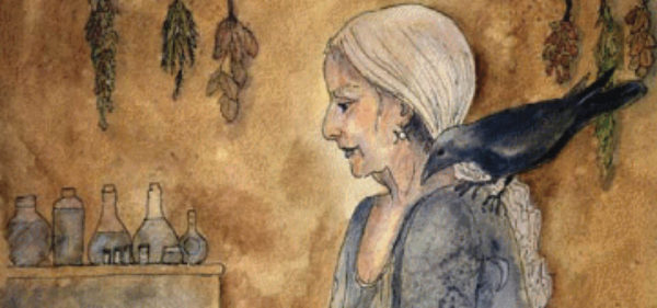 Painting of a woman with a crow on her shoulder