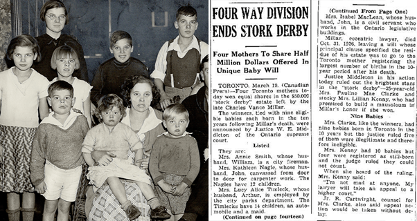 Image of a family and a newspaper article titled "Four Way Division Ends Stirk Derby: For mothers to share half million dollars offered in unique baby will"