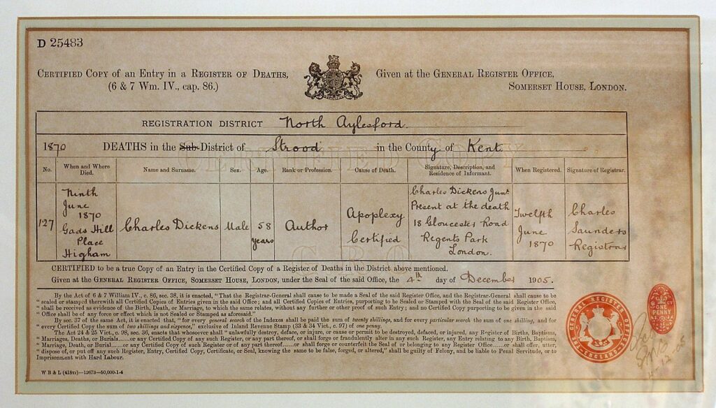 Charles Dicken's death certificate