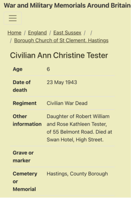 Civilian Ann Christine Tester. Age 6. Date of death: 23 May 1943. Regiment: Civilian War Dead. Other information: Daughter of Robert William and Rose Kathleen Tester, of 55 Belmont Road. Died at Swan Hotel, High Street. Cemetery or Memorial: Hastings County Borough