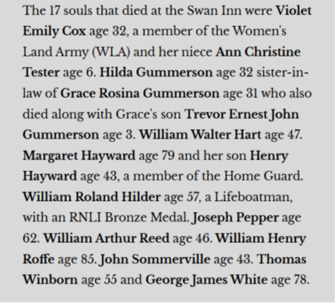 The 17 souls that died at the Swan Inn were Violet Emily Cox, age 32, a member of the Women's Land Army (WLA) and her niece Ann Christine Test age 6, Hilda Gummerson age 32, sister-in-law of Grace Rosina Gummerson, age 31, who also died along with Grace's son, Trevor Ernest John Gummerson, age 3. William Walter Hart, age 47. Maragret Hayward, age 79 and her son Henry Hayward age 43, a member of the Home Guard. William Roland Hilder, age 57, a lifeboatman, with an RNLI Bronze Medal. Joseph Pepper age 62. William Arthur Reed age 46. William Henry Roffe age 85. John Sommerville age 43. Thomas Winborn age 55 and George James White age 78.